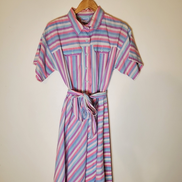 Pink Bubblegum White, Blue and Purple Striped 80s Short Sleeve Shirt Dress - Picture 10 of 15